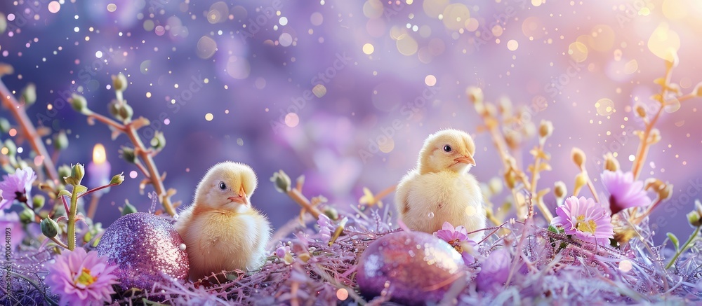Poster easter holiday theme with adorable easter chicks in eggs and flowers on a sparkling purple backdrop 