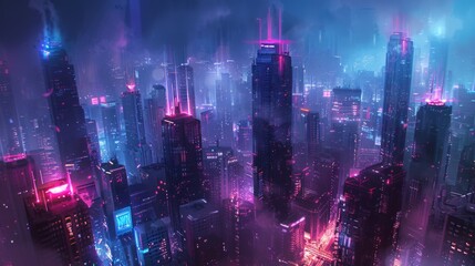 Obraz premium Futuristic Cityscape - A high-tech urban environment with sleek skyscrapers and neon lights