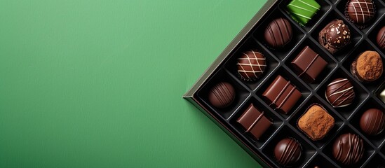 Luxurious handmade chocolates displayed in a box on a green background with space for text Exquisite selection of high end bonbons Simplistic food theme. with copy space image