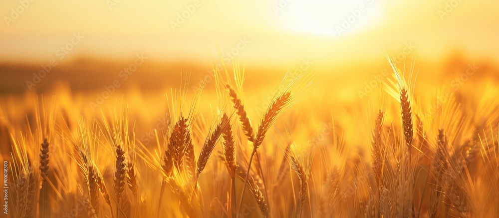Poster A serene image of a barley field at sunset with a soft effect against a clear sky on a sunny summer day Perfect for adding text with copy space in the picture