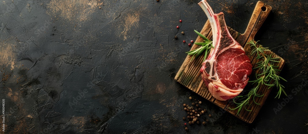 Fototapete top down view of a raw lamb chop on a butcher board garnished with rosemary and thyme against a dark