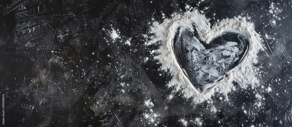 Aufkleber Heart shape drawn on flour on black backdrop in a top down view with copy space image