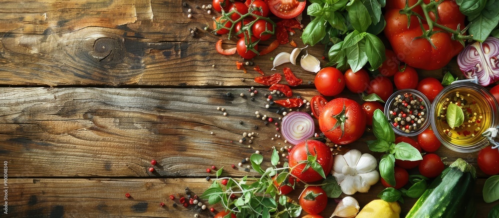 Leinwandbilder fresh ingredients displayed in a flat lay composition on a wooden table with copy space image availa
