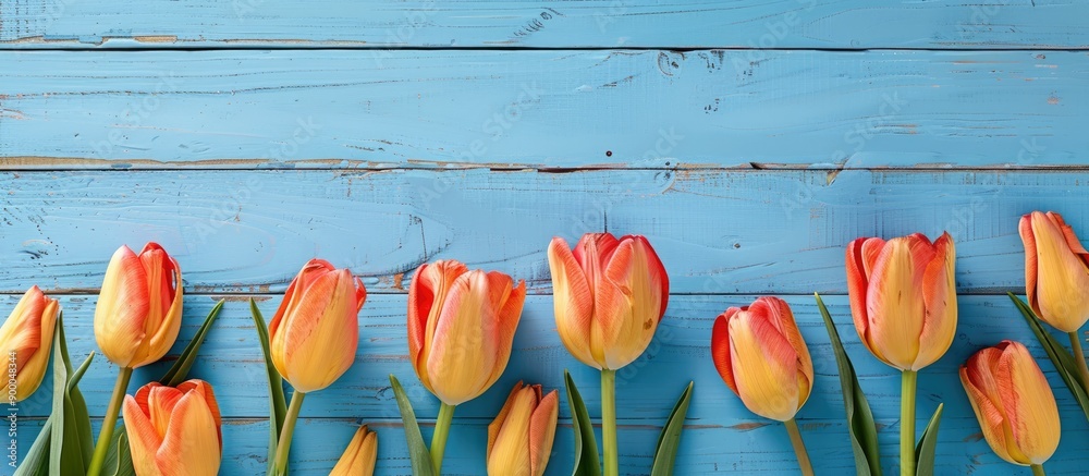 Poster Tulips in orange and yellow on a blue wooden surface make a beautiful background leaving room for text or other elements in the image. with copy space image. Place for adding text or design