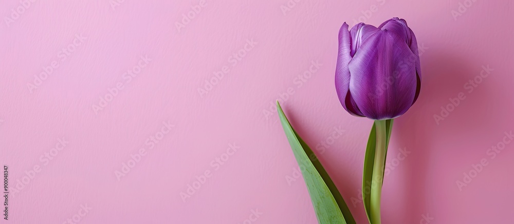 Poster vibrant purple tulip set against a soft pink backdrop with ample copy space image