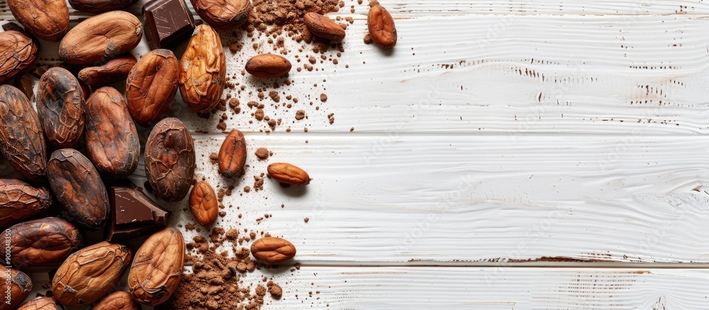 Fototapete a flat lay arrangement features cocoa beans chocolate cocoa butter and cocoa powder on a white woode