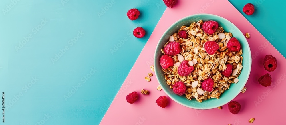 Poster Flat lay showcasing a delicious granola with raspberries on a colorful pink and turquoise backdrop emphasizing a healthy breakfast idea with copy space image