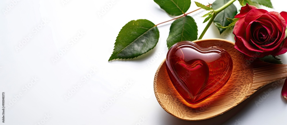 Poster Two heart shaped jellies on a wooden spoon with a rose displayed on a white background with copy space image