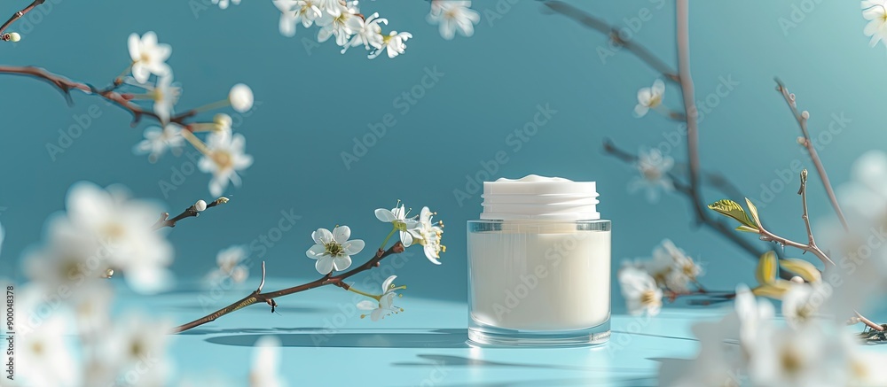 Poster skin care product on a blue backdrop with a side perspective twigs and blooms in the front care for 