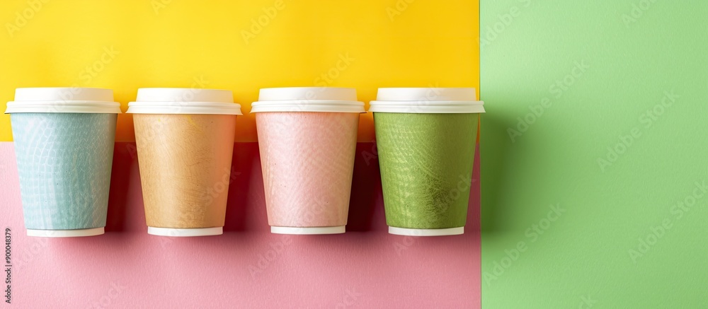 Aufkleber Colorful paper background with take away coffee cups symbolizing recycling emphasized by copy space image