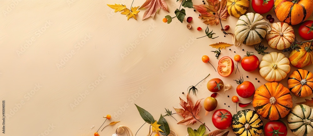 Aufkleber festive autumn arrangement featuring pumpkins leaves tomatoes and squash on a beige backdrop ideal f