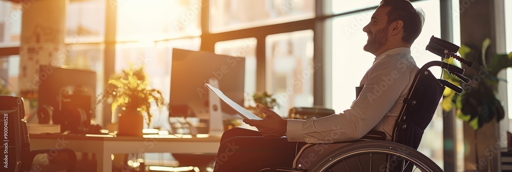 Poster smiling man in a wheelchair holding a document in a sunlit office. promoting positivity and acceptan