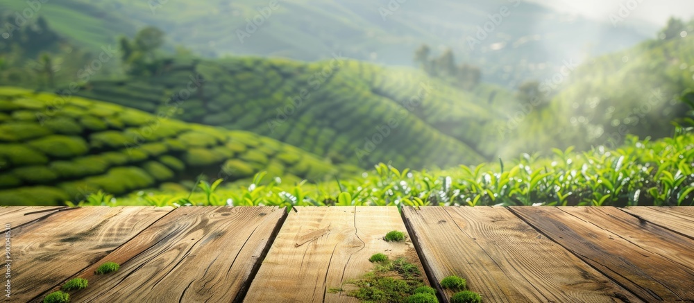 Aufkleber wooden table top featuring a blurred background of green tea fields and grass exuding a fresh and re