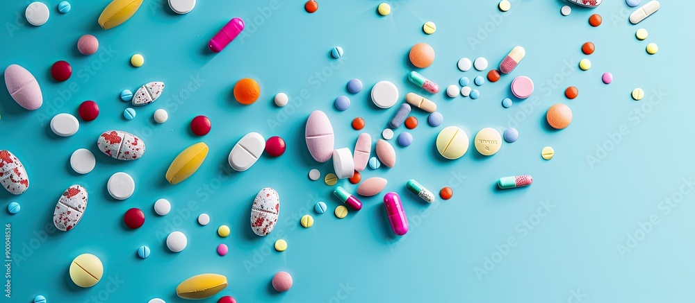 Poster a variety of medications displayed against a blue background with copy space image