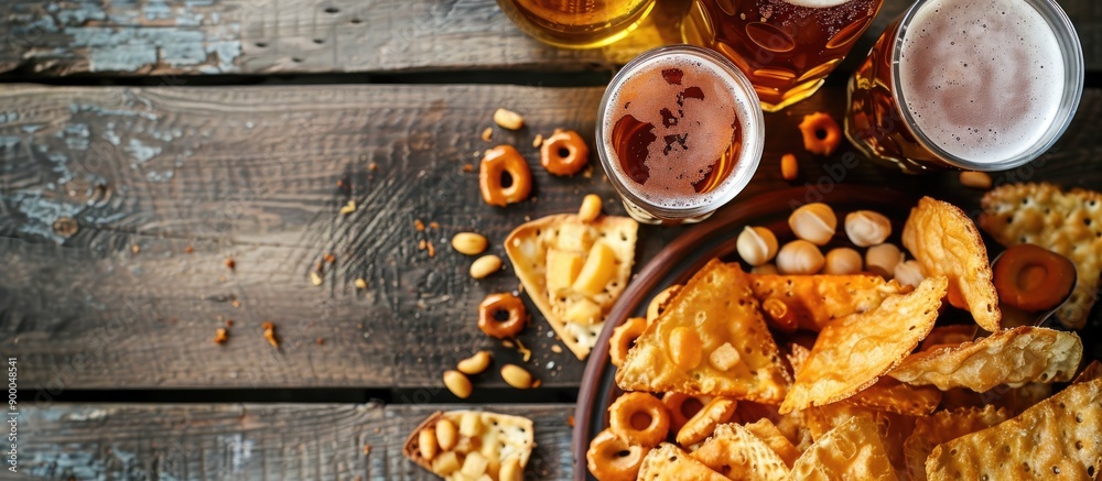 Poster Wooden table with lager beer and snacks creating the perfect backdrop for a copy space image