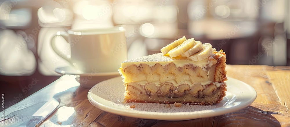 Poster enjoying a delectable slice of banana cake in the morning a delightful treat with a cup of coffee ag