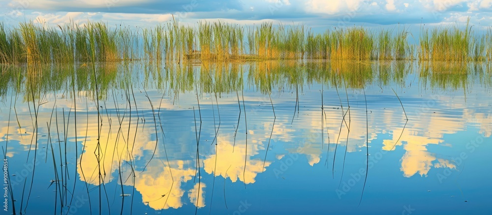 Poster scenic view of yellow clouds reflected on a lake with a blue sky backdrop and tall reeds ideal for c