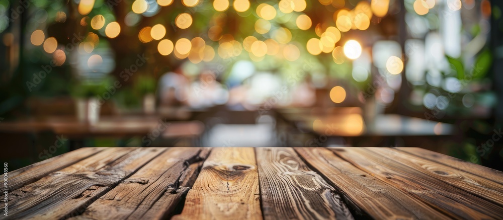 Leinwandbilder blurry coffee shop background with bokeh focusing on an empty wooden table ideal for product display