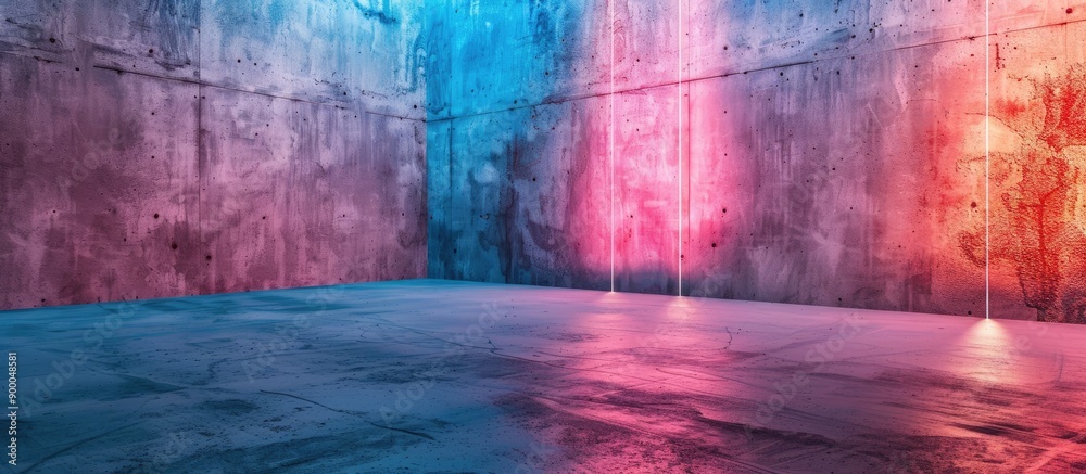 Poster concrete room with pink and blue lights ideal for showcasing products or creating a mock up with cop