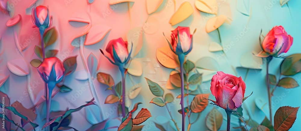 Aufkleber Spring flowers like rose buds blooming against a colorful paper backdrop with copy space image for text