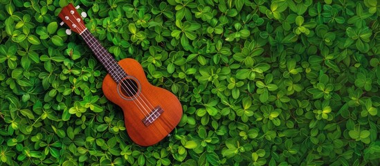 Copy space image of a ukulele against a green grass backdrop