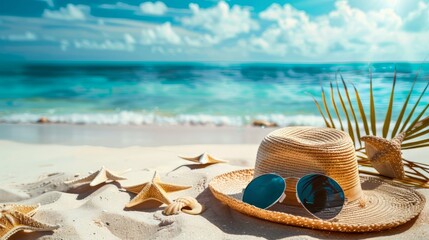 Tropical beach with sunbathing accessories, summer holiday background