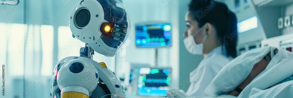 Poster robot monitoring patient vitals in a modern hospital. highlights the integration of ai and robotics 