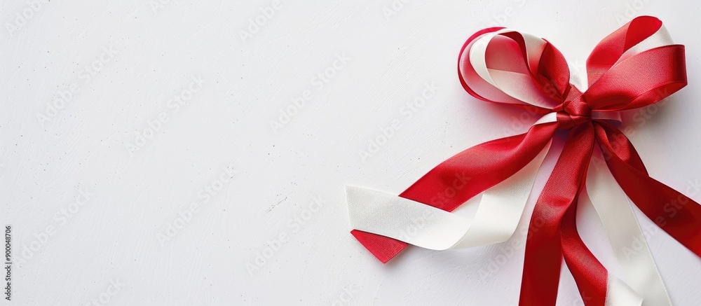 Poster vibrant red and white ribbons tied with a bow on a white background perfect for copy space image