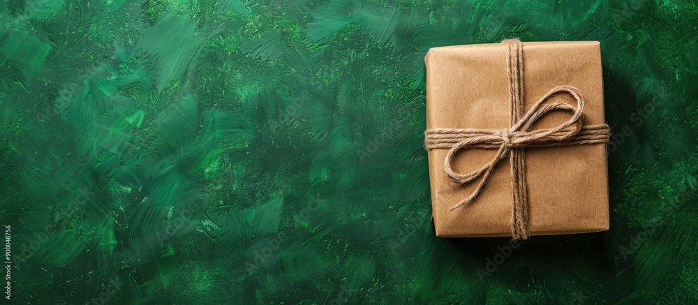 Aufkleber Top down view of a solitary gift box wrapped in rustic paper and tied with a ribbon on a green backdrop ideal for use as a copy space image