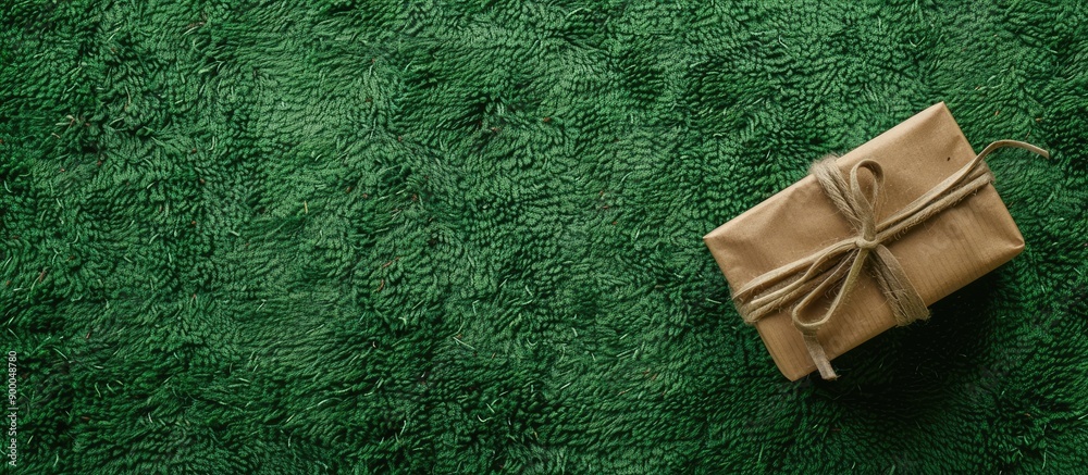 Poster Top down view of a solitary gift box wrapped in rustic paper and tied with a ribbon on a green backdrop ideal for use as a copy space image