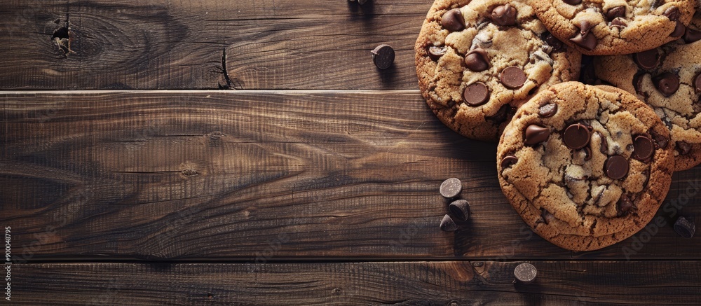 Aufkleber Close up view of delectable chocolate chip cookies on wooden surface with room for adding text beside the image. with copy space image. Place for adding text or design