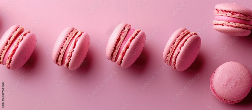 Poster Pink macaroons displayed on a matching pink background create a sweet visually appealing image with a flat lay composition giving a clear view with room for text or additional elements