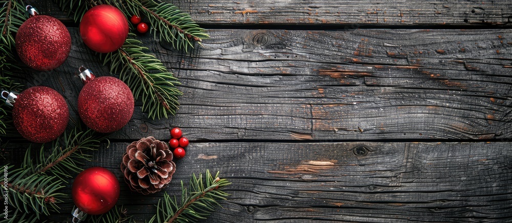 Poster a rustic wooden board serves as a holiday background frame with red christmas balls on fir tree bran