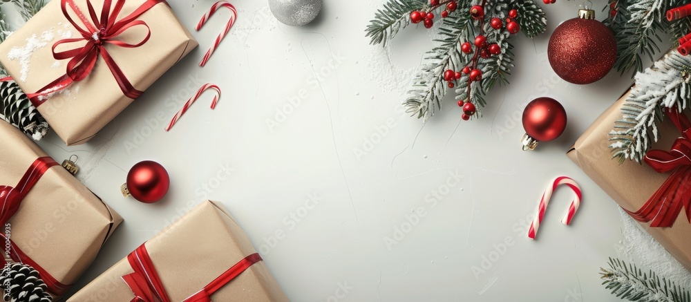 Aufkleber festive christmas setup featuring presents tree branches red ornaments and a candy cane on a white b