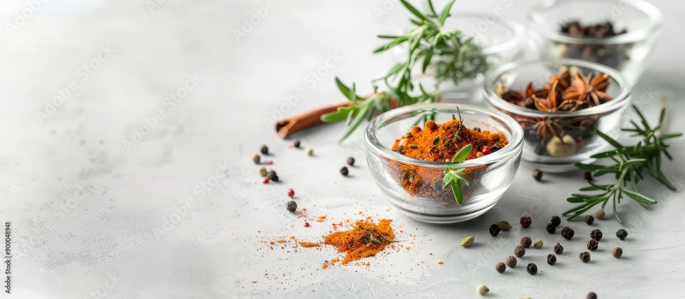 Poster enhance taste with spices in a glass bowl on a light background with copy space image