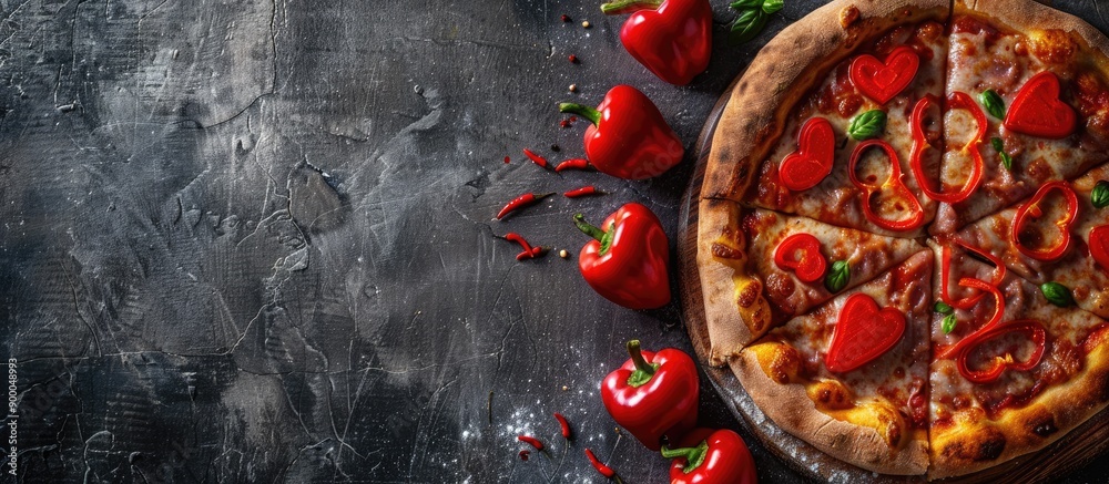 Aufkleber pizza for valentine s day featuring red peppers artfully arranged on the top with copy space image