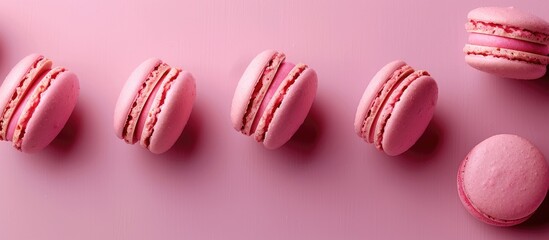 Obraz premium Pink macaroons displayed on a matching pink background create a sweet visually appealing image with a flat lay composition giving a clear view with room for text or additional elements