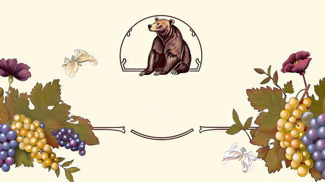 the california state bear, poppies, and grapes on plain background with copy space.