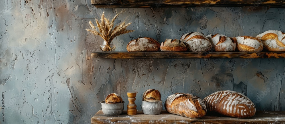 Leinwandbilder traditional bakery concept with fresh tasty bread displayed on a wooden shelf emphasizing a healthy 
