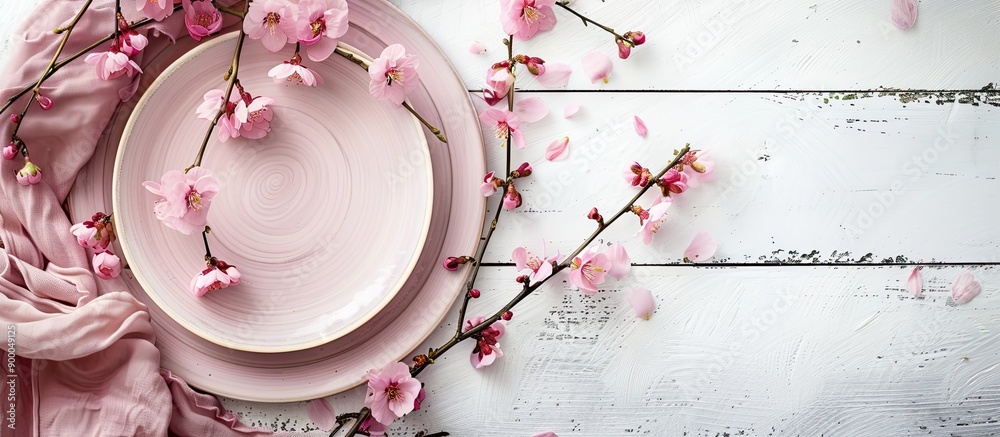 Poster pink plate napkin and cherry blossom branches on a white wooden background creating an exquisite com