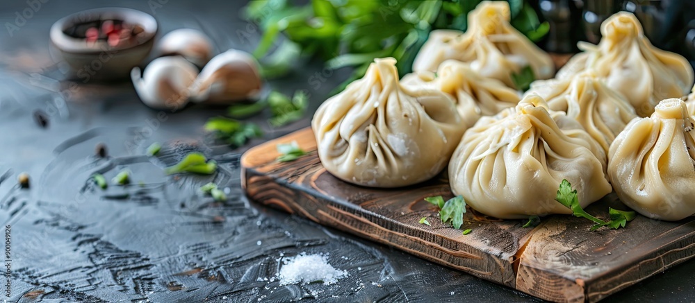 Aufkleber A popular Georgian dish meat khinkali is displayed uncooked on a cutting board with ample copy space image