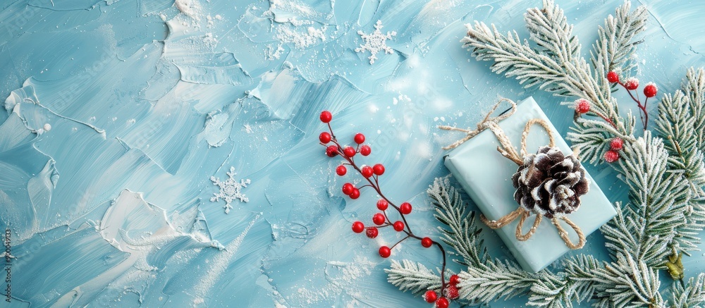 Poster christmas themed arrangement with a gift frame snowflakes fir tree branches and red berries on a sof