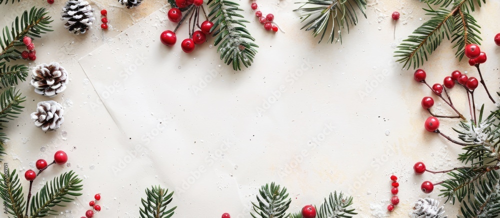 Poster christmas themed flat lay composition featuring a decorative frame of fir branches red beads and a p