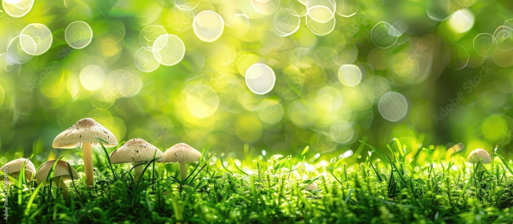 Aufkleber tiny mushrooms growing in lush green grass at the park with copy space image