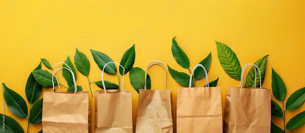 Poster recycled paper shopping bag with green leaves on a yellow background alongside a variety of disposab