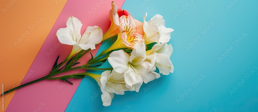 Fototapete top view of white freesia flower with copy space image on colorful background