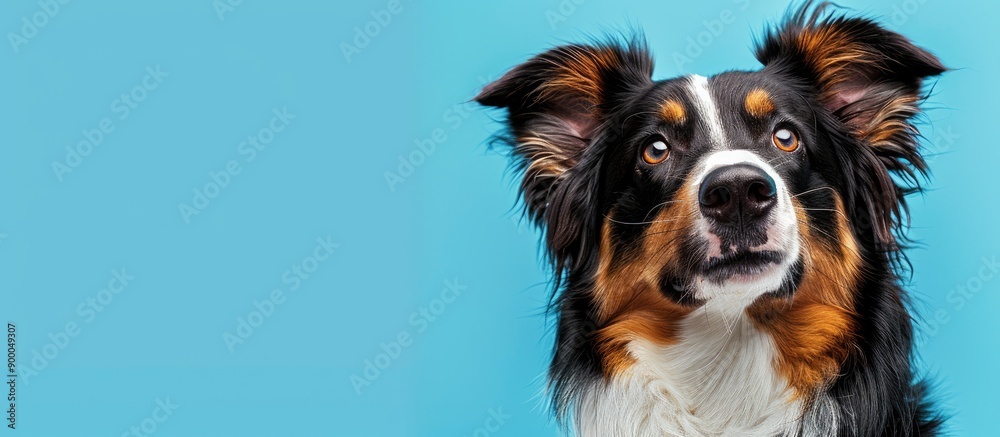 Aufkleber australian shepherd dog with red tri color coat set against a blue backdrop perfect for a copy space