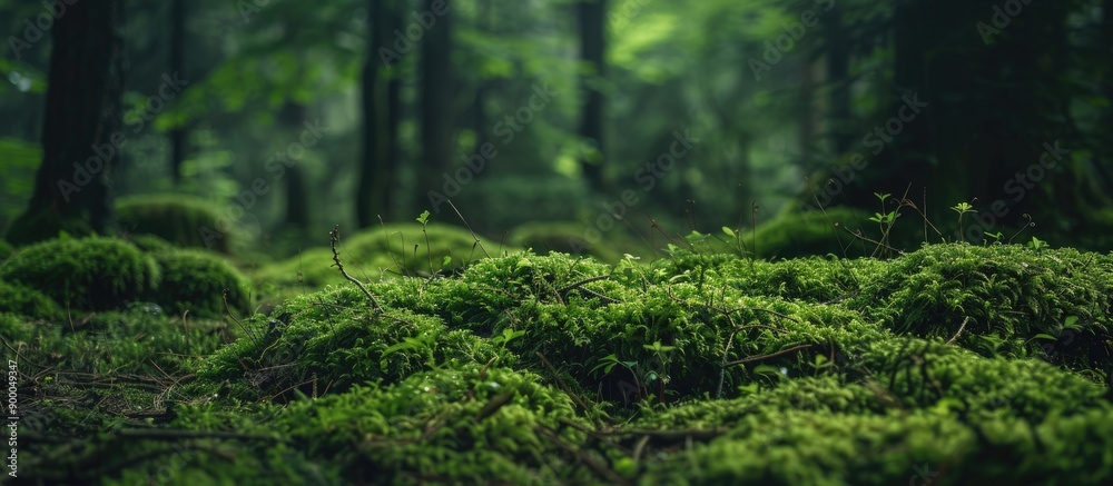 Poster European forest floor showing moss covered branches with an empty space for inserting an image. with copy space image. Place for adding text or design