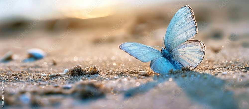 Poster A tiny light blue butterfly shaped seashell on the damp sand with a blank space for adding an image. with copy space image. Place for adding text or design