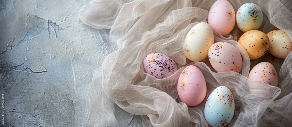 Poster easter eggs arranged on textured fabric backdrop creating a lovely easter decor setting with copy sp